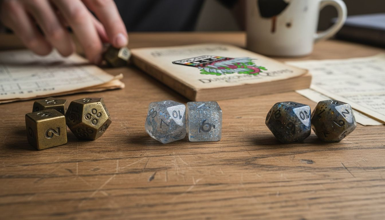 Metal, resin, and gemstone dice side by side