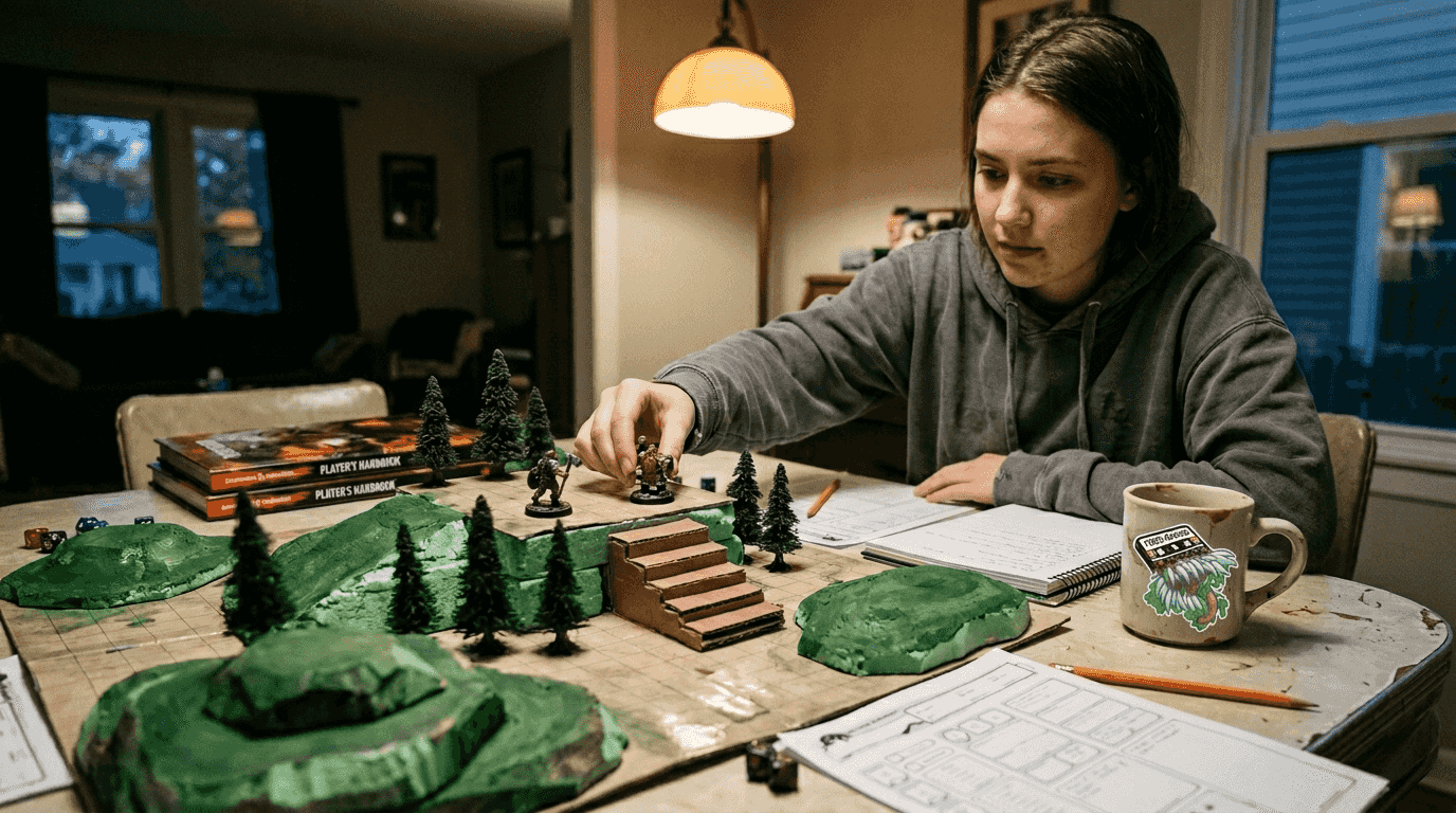 Player placing miniatures on elevated battle map