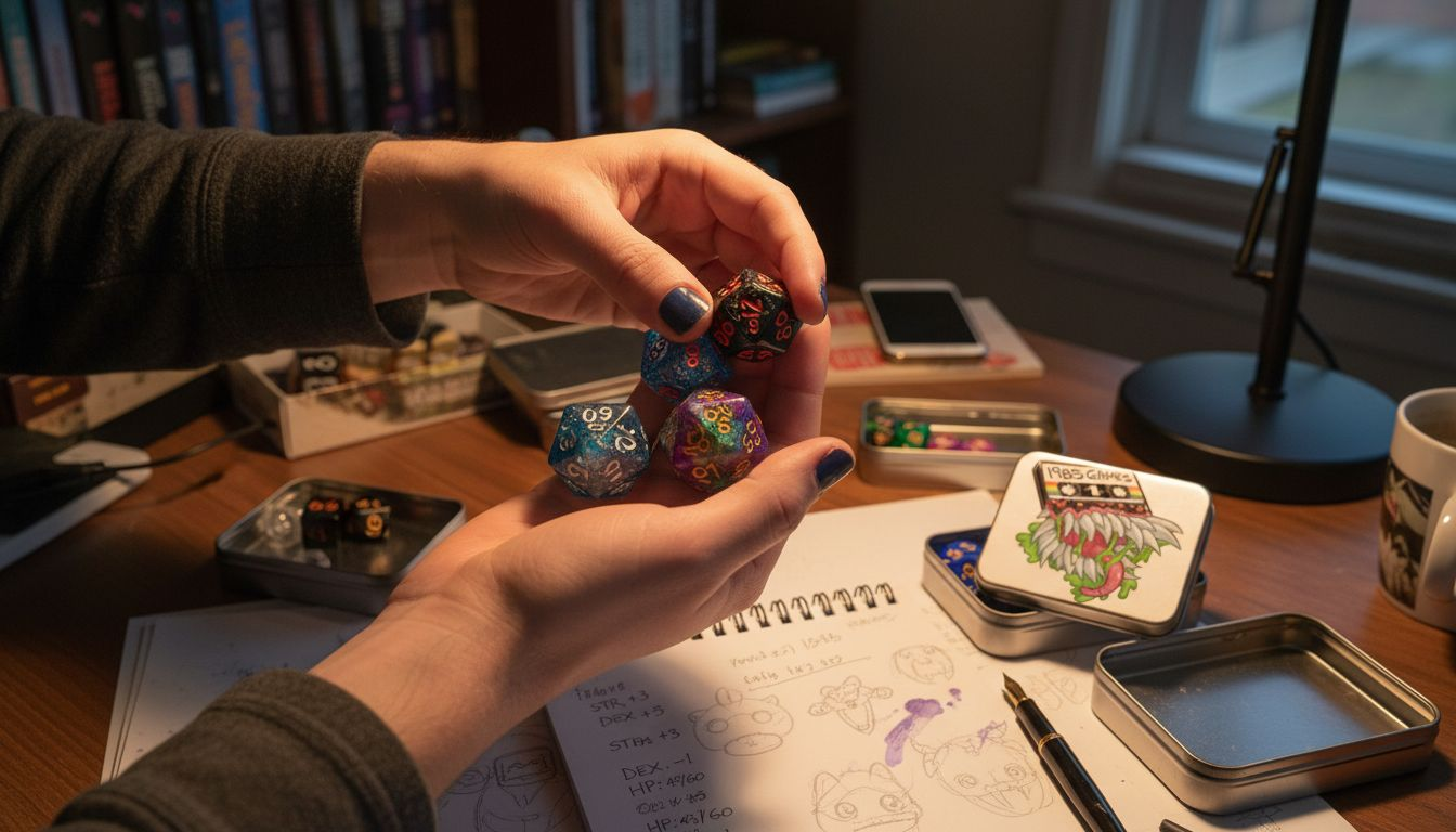 Hands comparing d20 dice under lamp