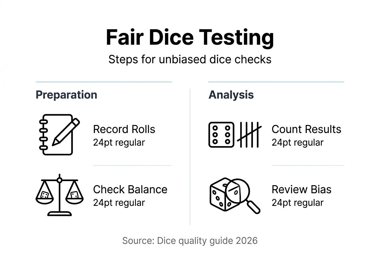 Infographic of fair dice testing steps and tips