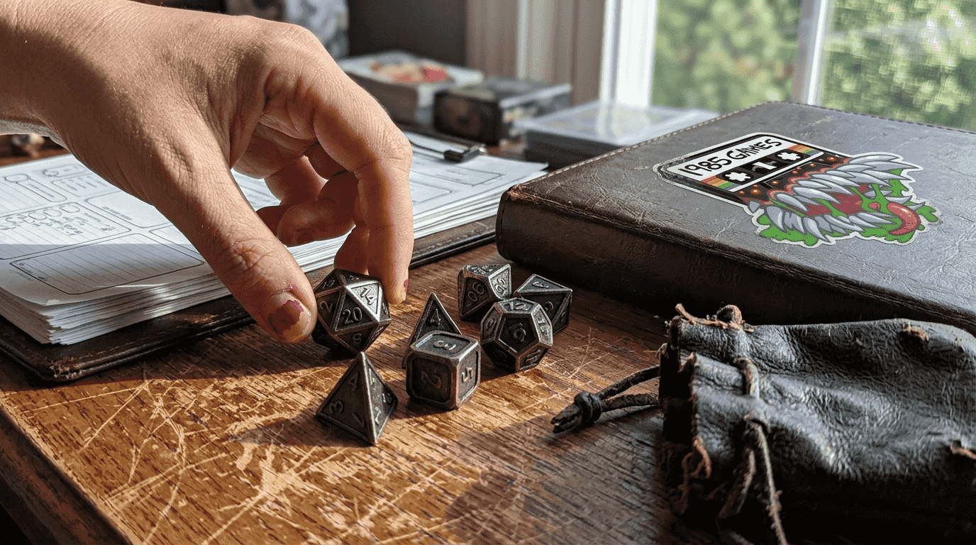 Closeup metal DD dice on table