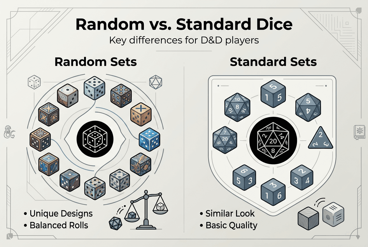 Infographic comparing random and standard dice sets