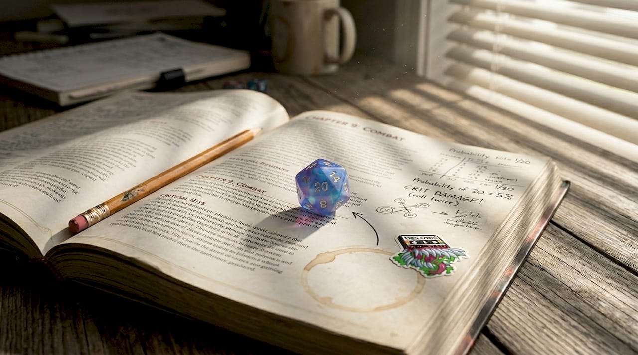 Close-up of d20 die and notes in rulebook