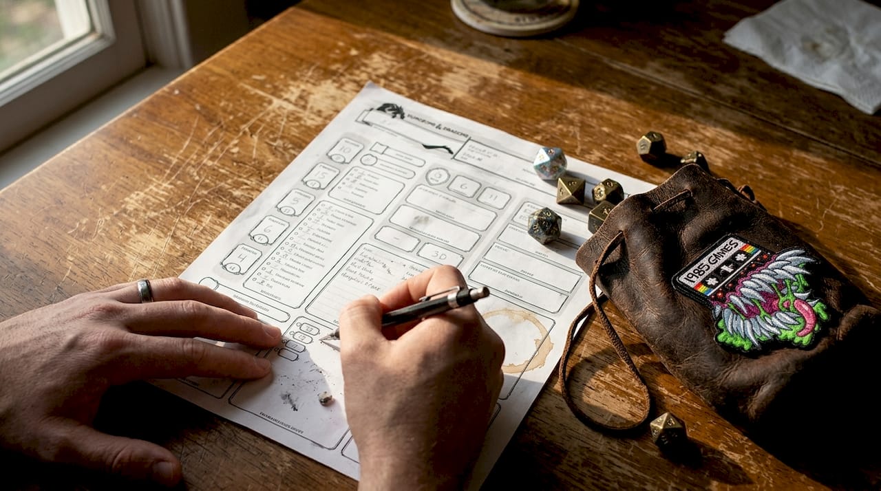 Close up DND character sheet with dice