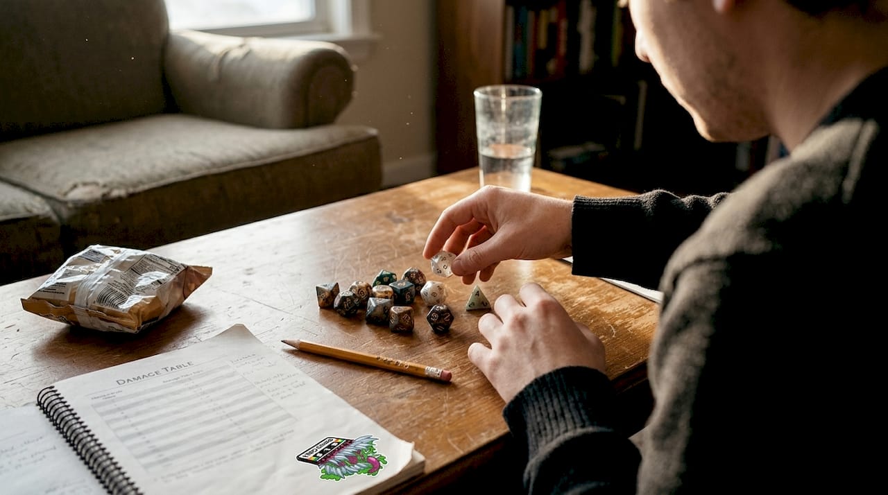 Player sorting various polyhedral dice