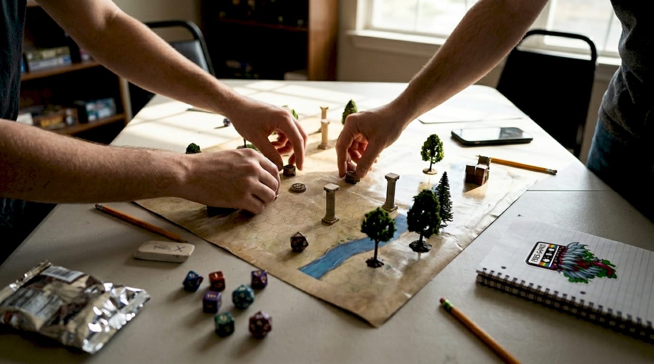 Hands placing terrain tokens on battle map