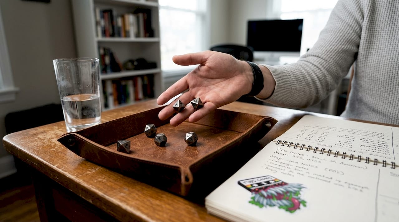 Metal dice rolling onto leather dice tray