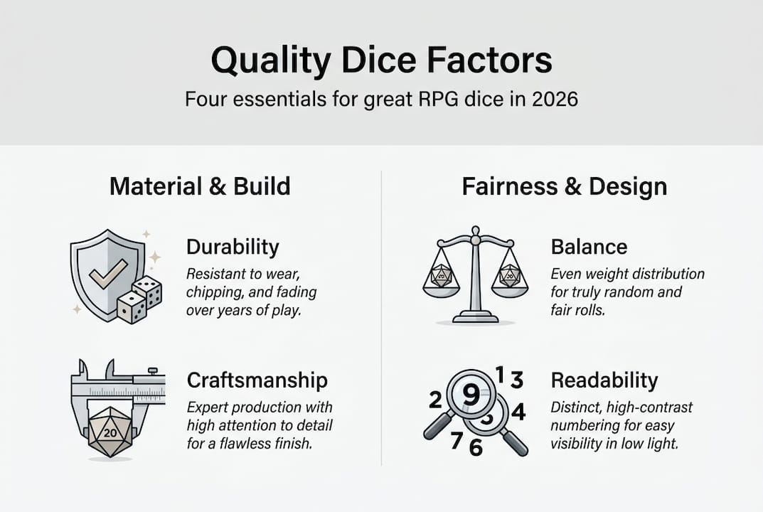 Infographic with four quality dice factors for RPGs