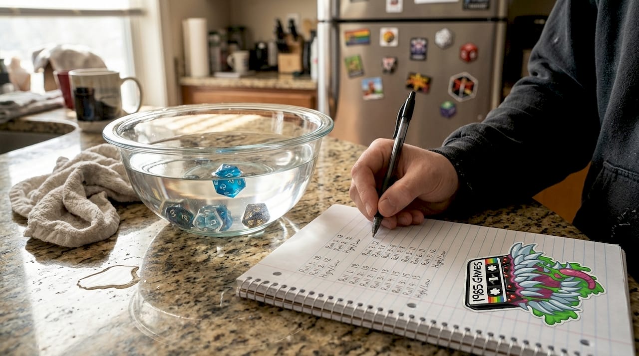 Person tests dice balance on kitchen counter