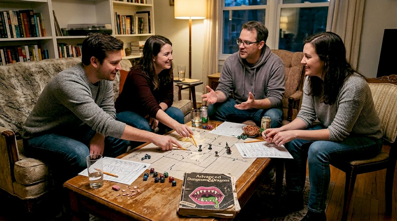 Players resolving map dispute at coffee table