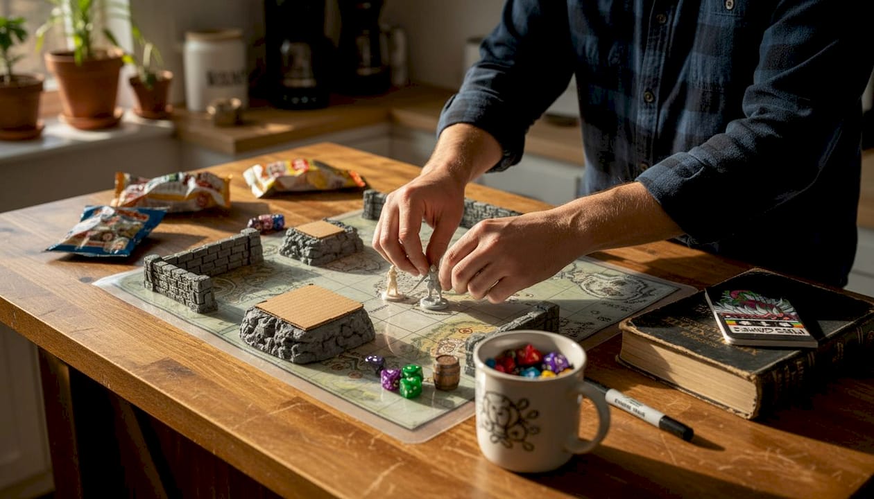 Hands adjusting miniatures on detailed DD map