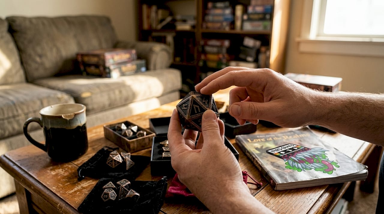 Hands inspecting premium metal dice
