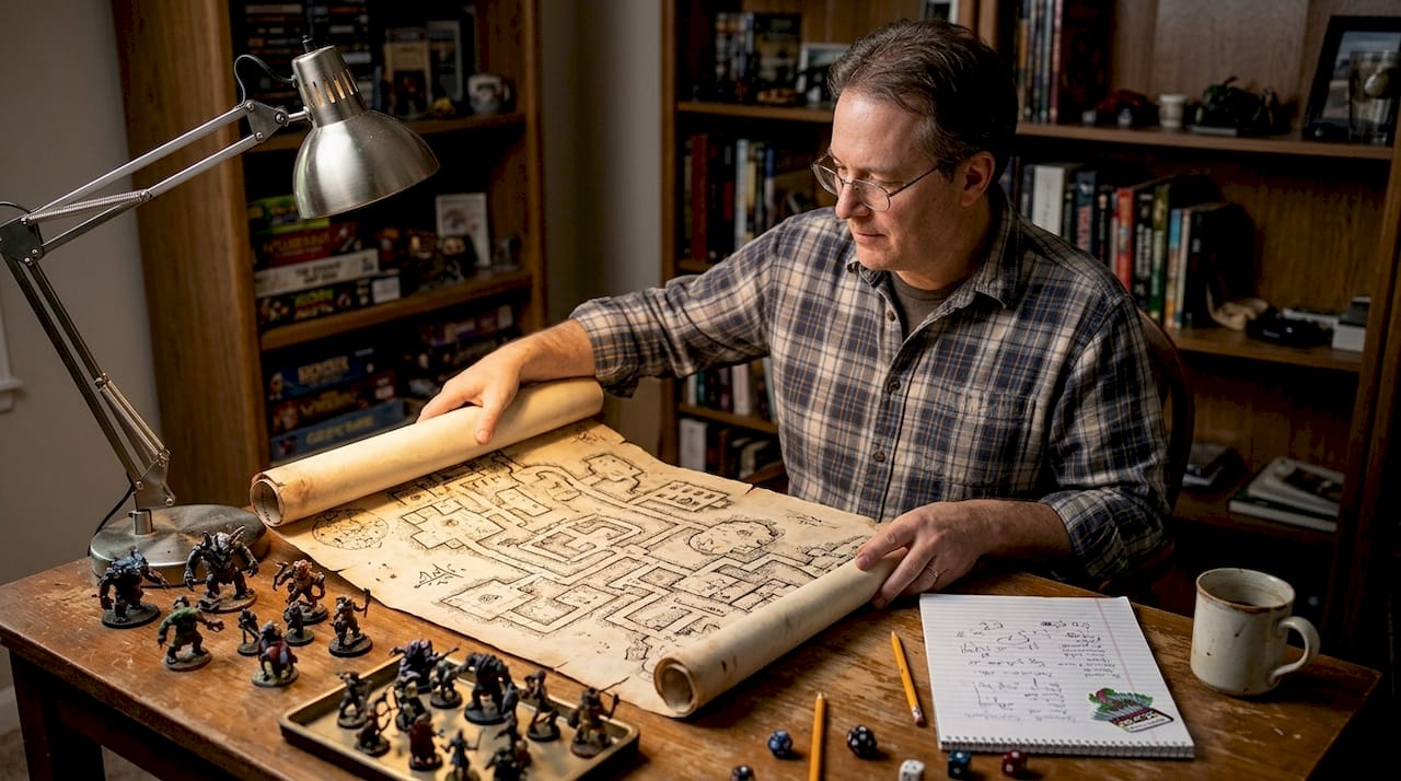 Dungeon master studying detailed dungeon map