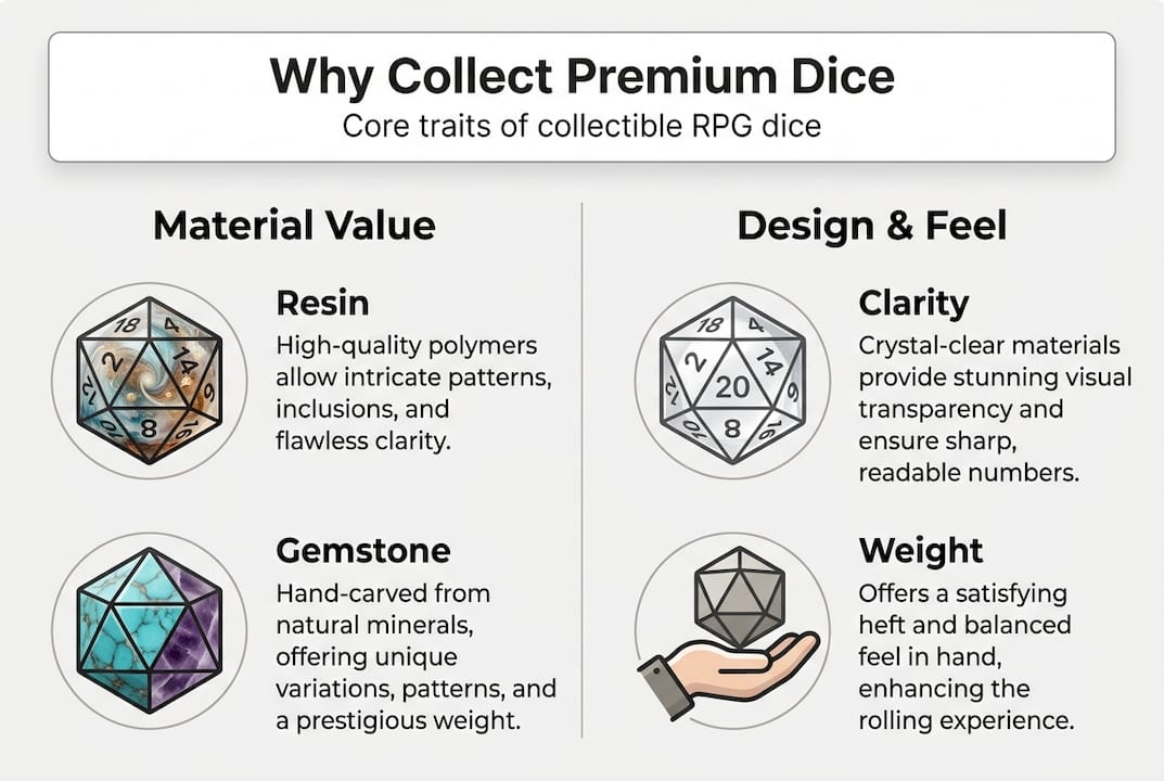 Infographic showing main traits of premium RPG dice