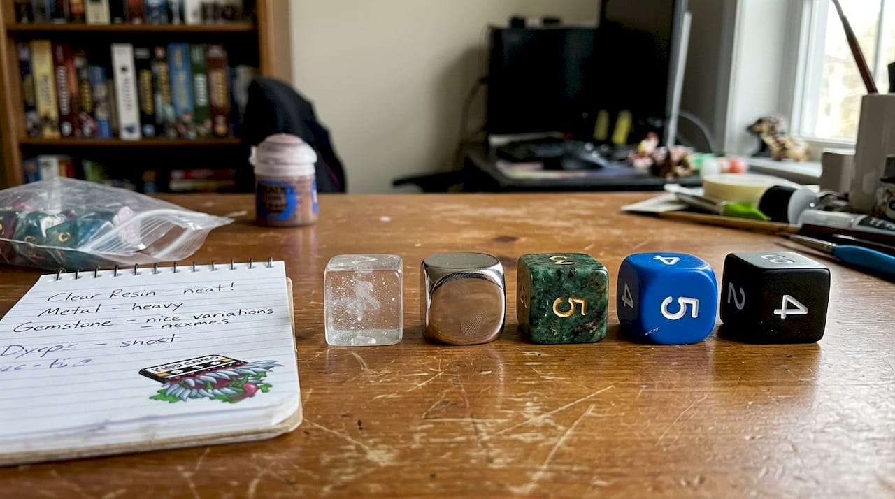 Assorted dice materials lined up for comparison