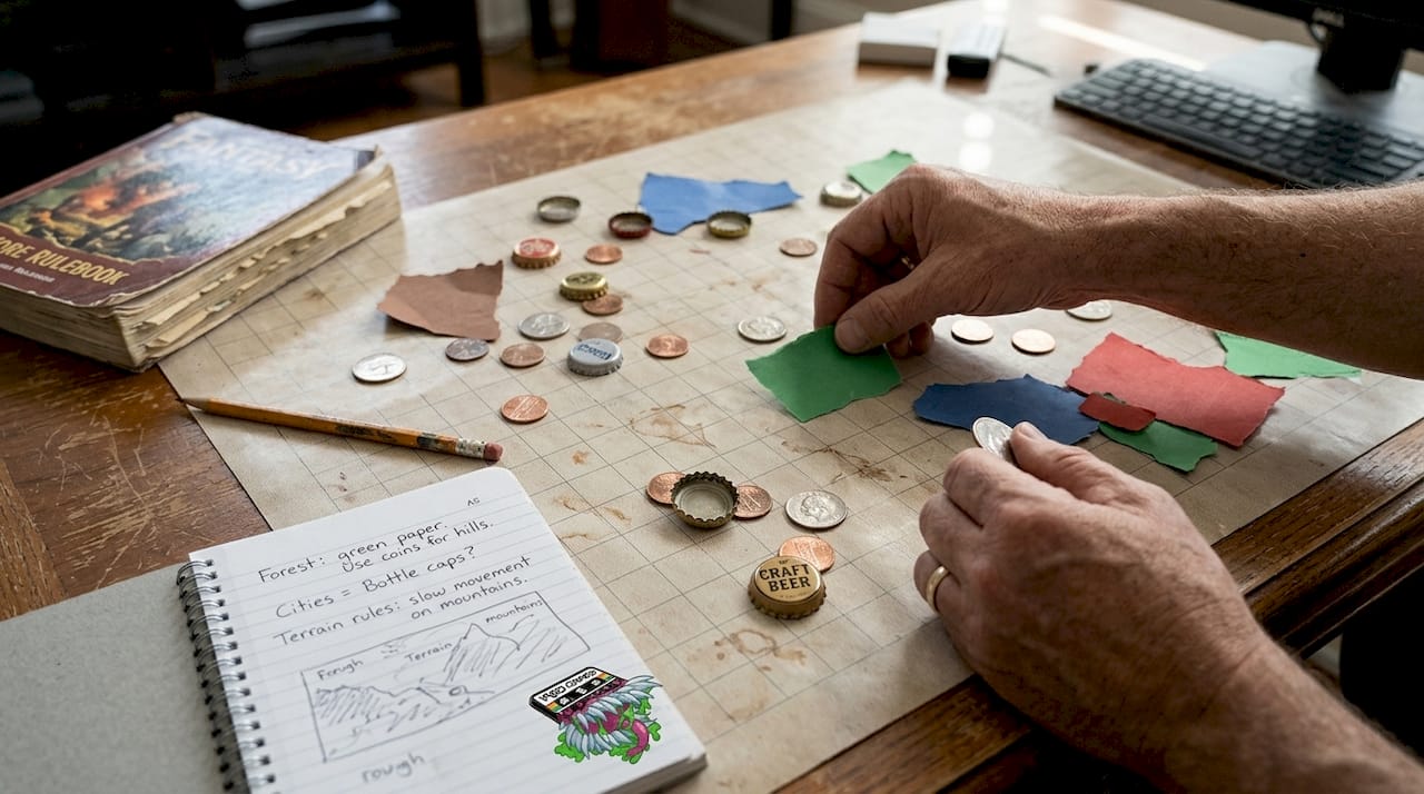 Hands using coins and caps as map props