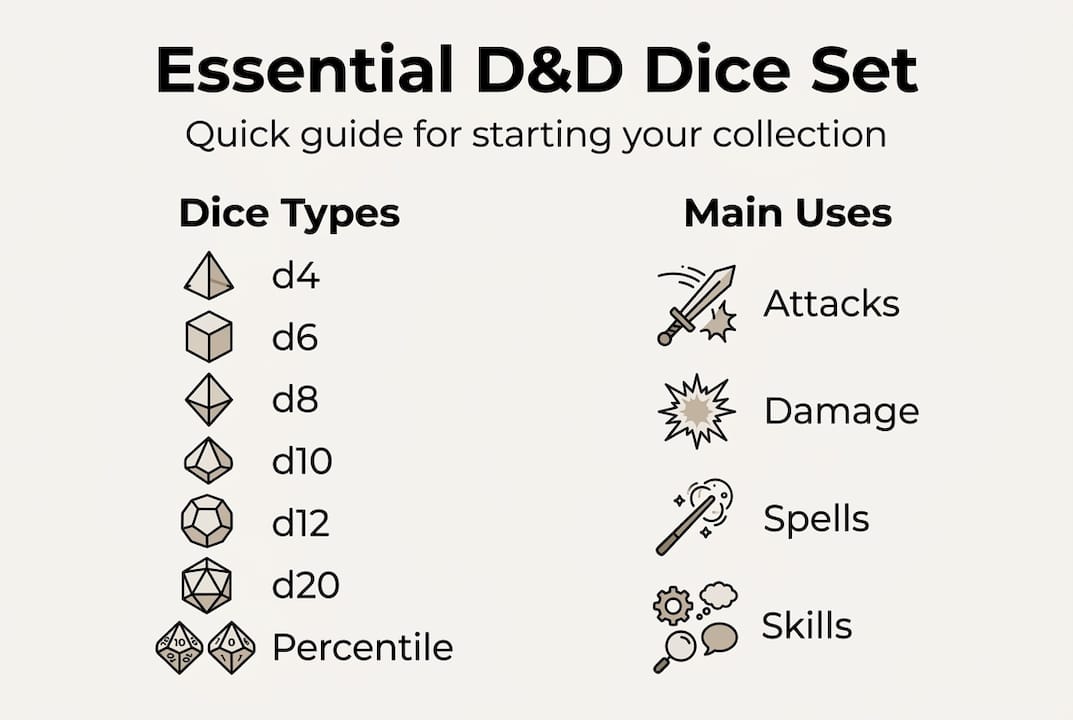 Infographic with essential DD dice types and uses