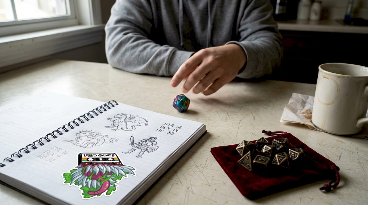 Plastic and metal dice side by side with notes