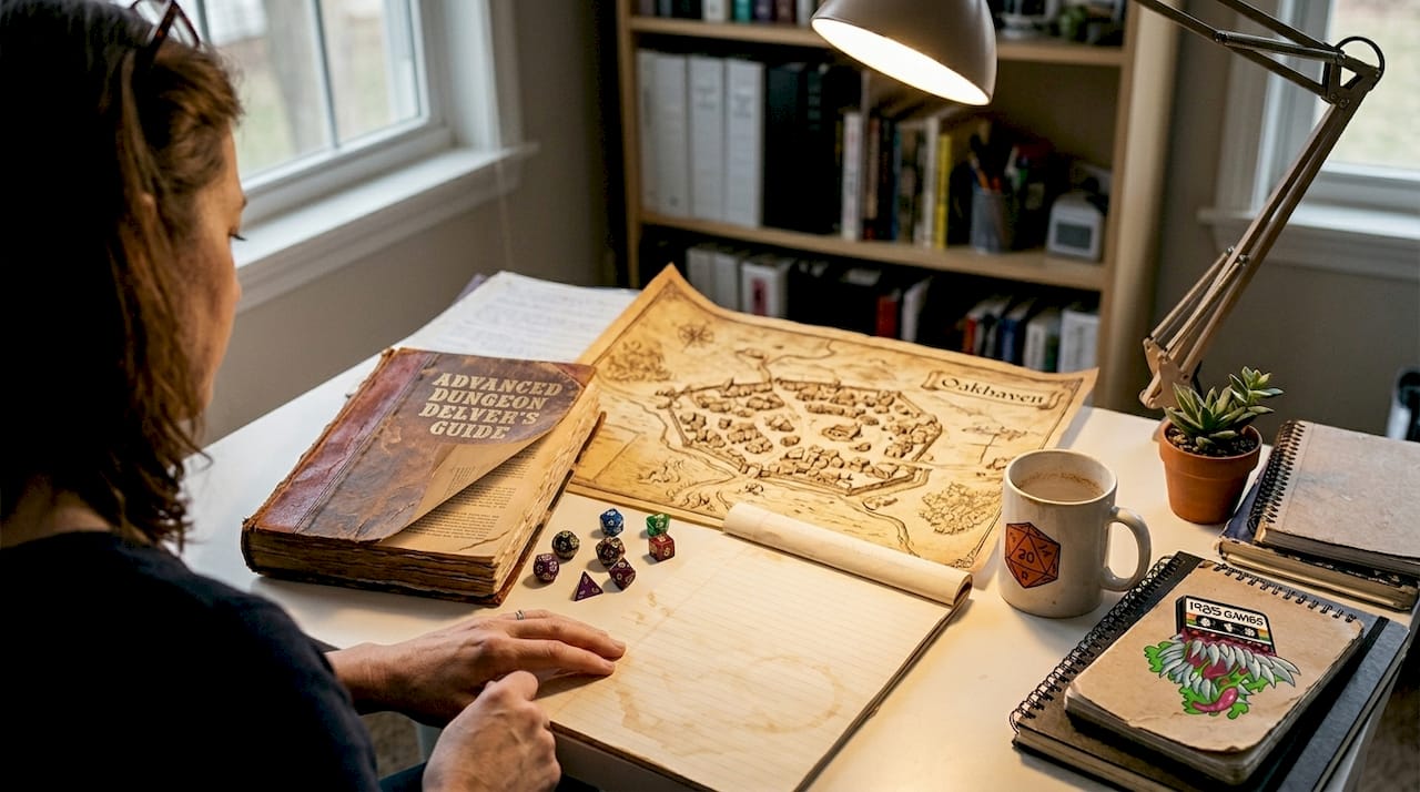 Dungeon master preparing RPG story at desk