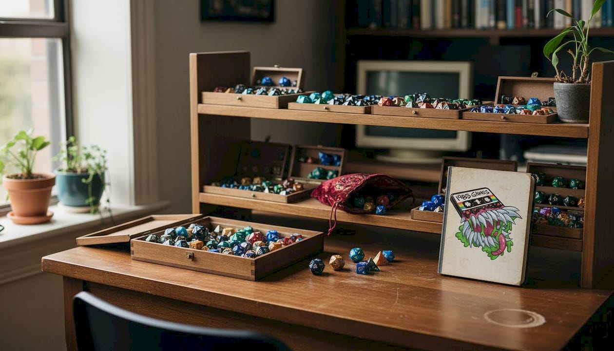 Home office dice sets displayed on shelves