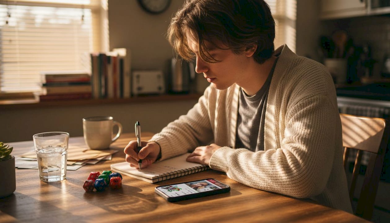 Player writes goal for RPG character at kitchen table