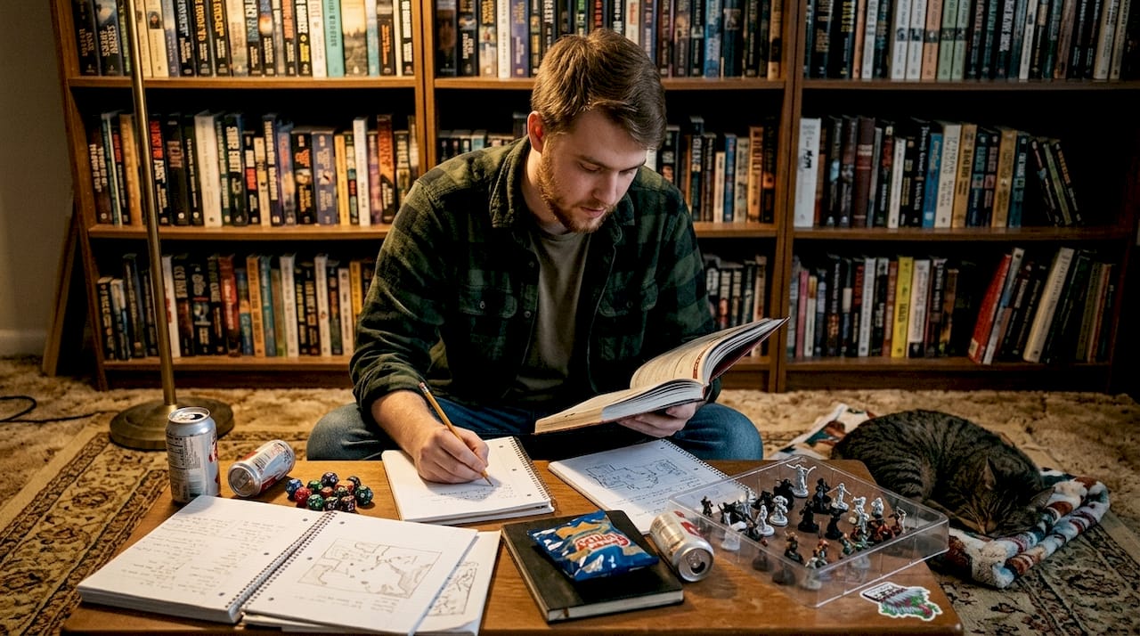 Dungeon Master jotting notes for session prep
