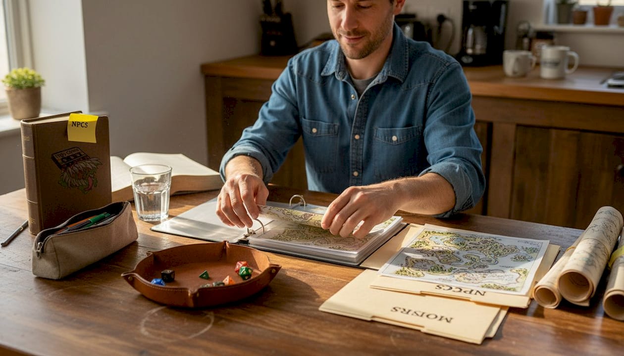 Hands filing TTRPG maps into binder at table
