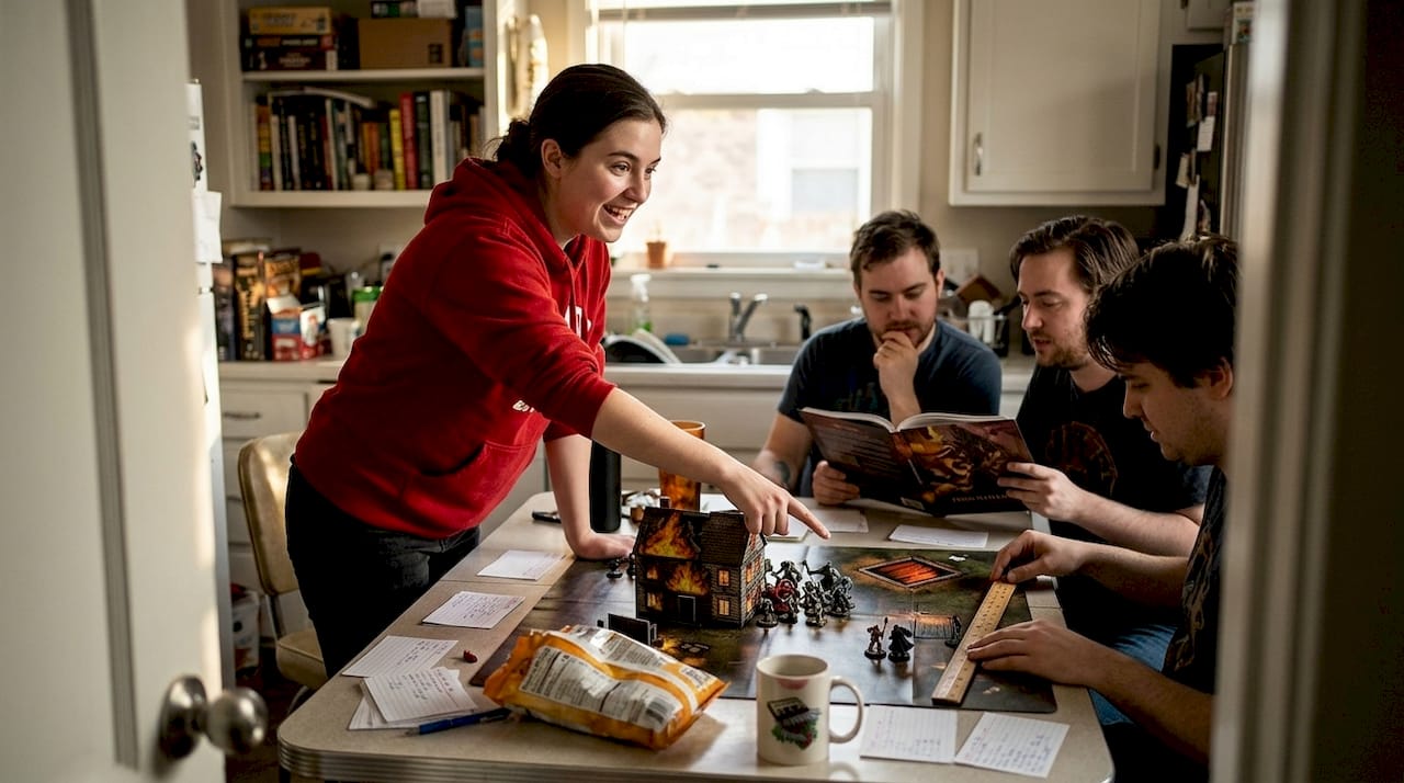 Group managing chaotic RPG scene on mat