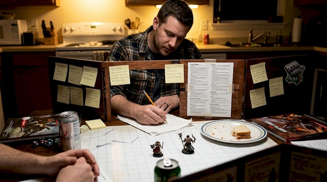 Dungeon Master behind cluttered DM screen