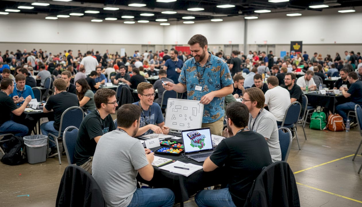 TTRPG convention with multiple gaming tables