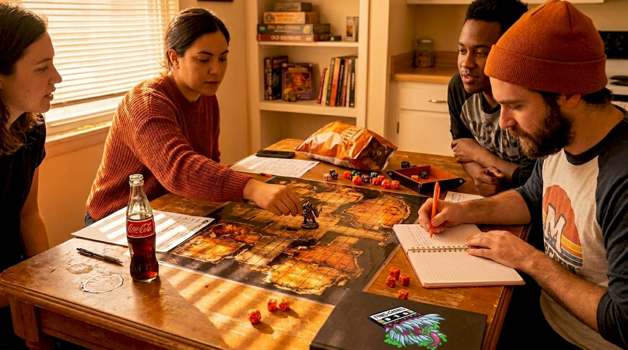 Players using miniatures and battle maps