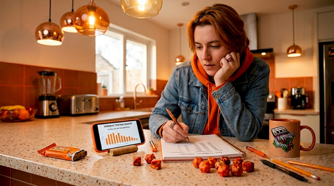 Person recording dice test results at kitchen counter