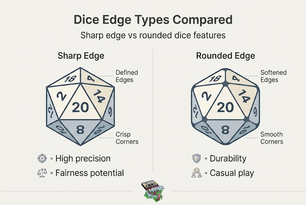 Infographic comparing sharp and rounded DD dice