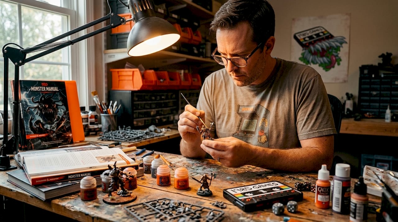 Person painting a fantasy miniature at cluttered workspace