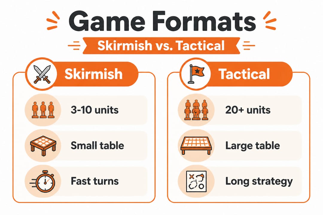 Infographic comparing skirmish and tactical game formats