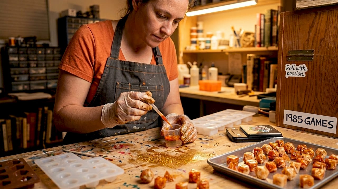 Dice artisan making custom resin dice