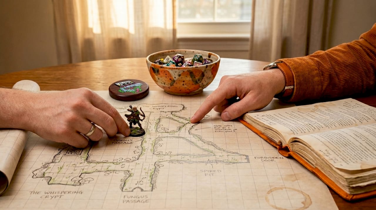 Players interacting with hand-drawn dungeon map