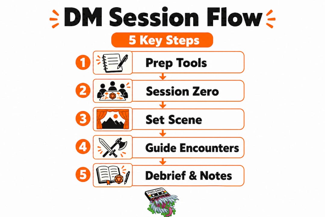 Infographic with five key DM session workflow steps