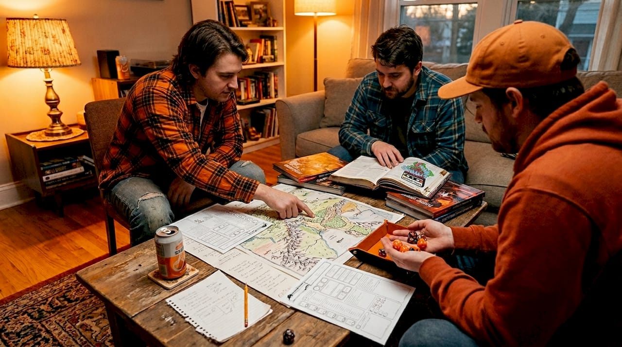 TTRPG players debating map strategy at table