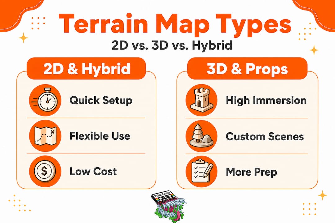 Infographic comparing 2D, 3D, and hybrid terrain map types