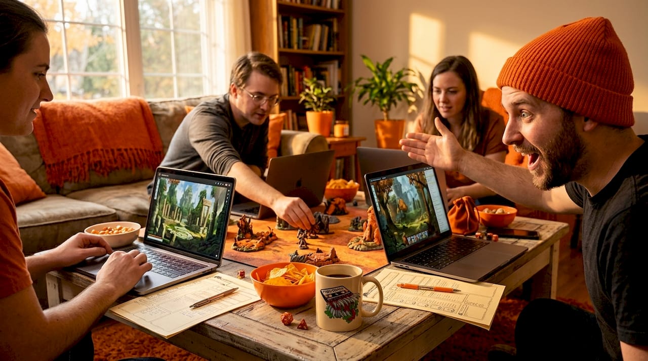 Group playing online RPG with laptops and maps