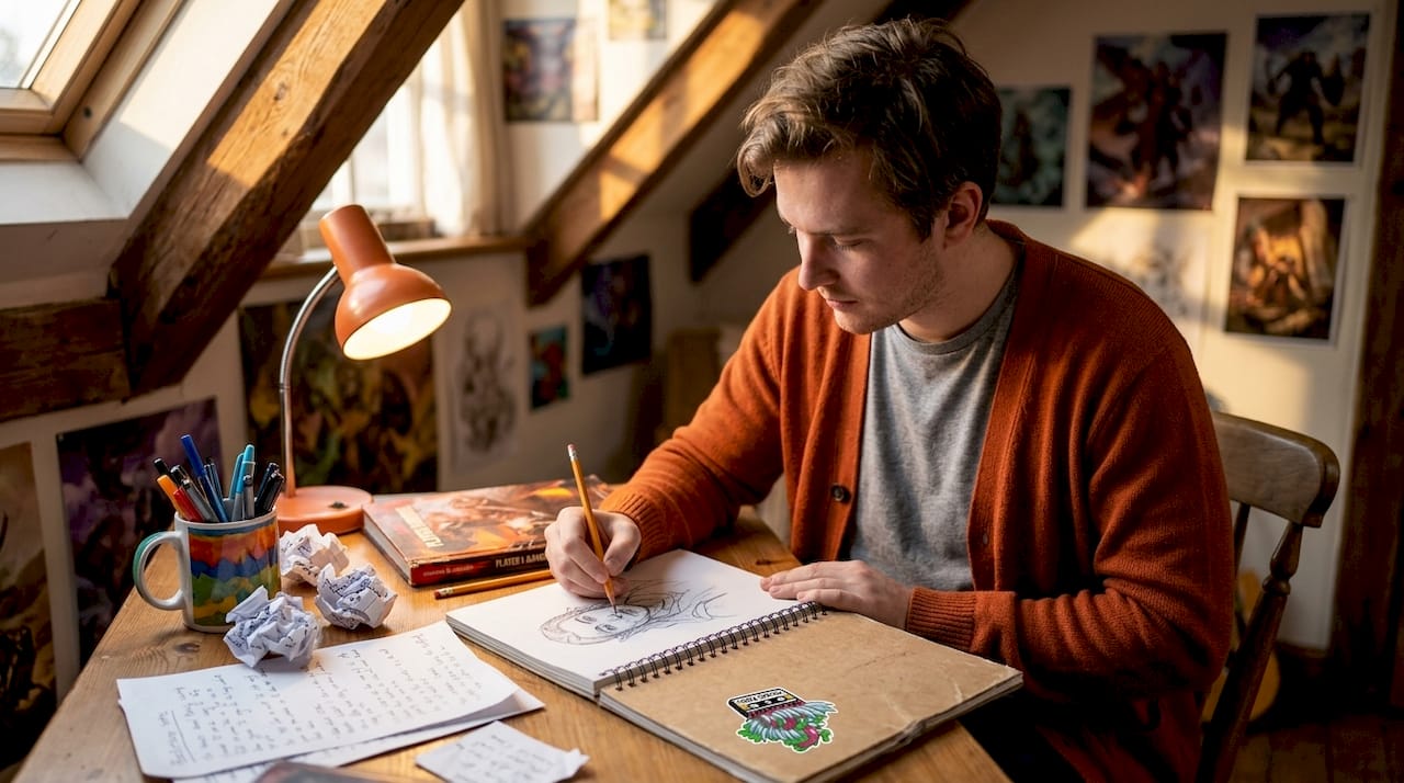 Player sketching character portrait at desk