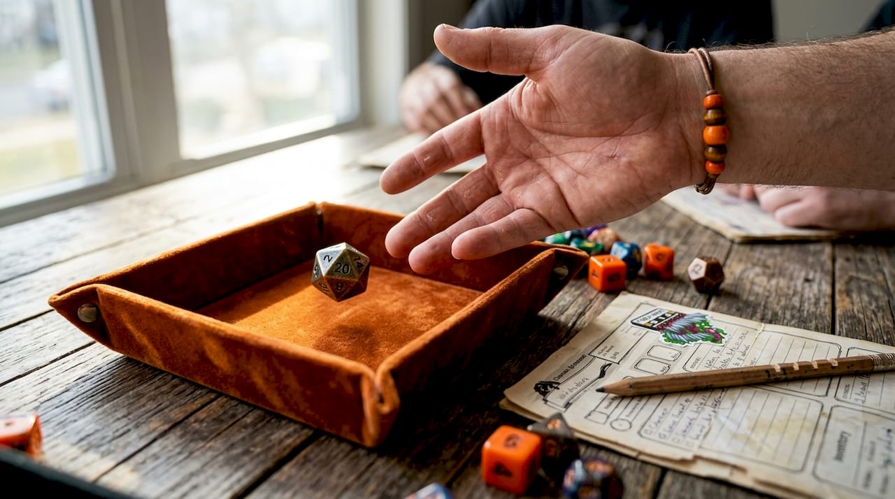 Closeup rolling metal dice in tray