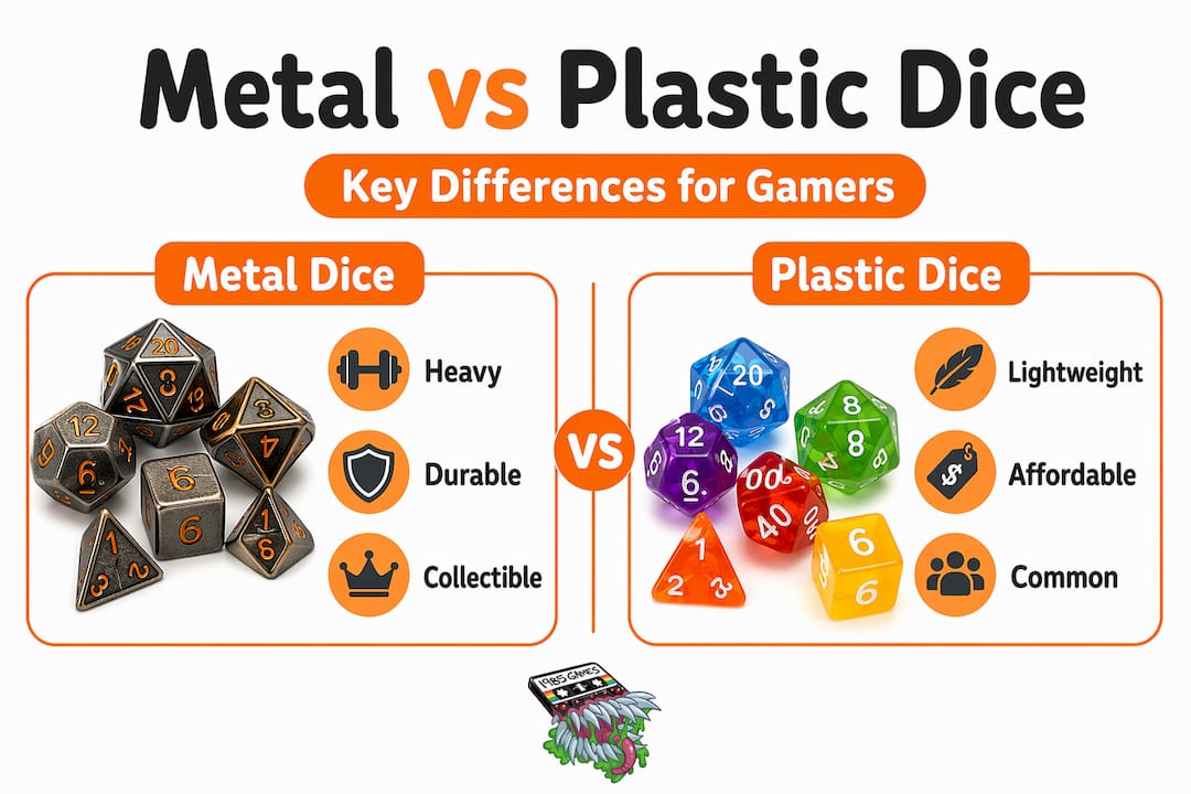 Infographic comparing metal and plastic RPG dice