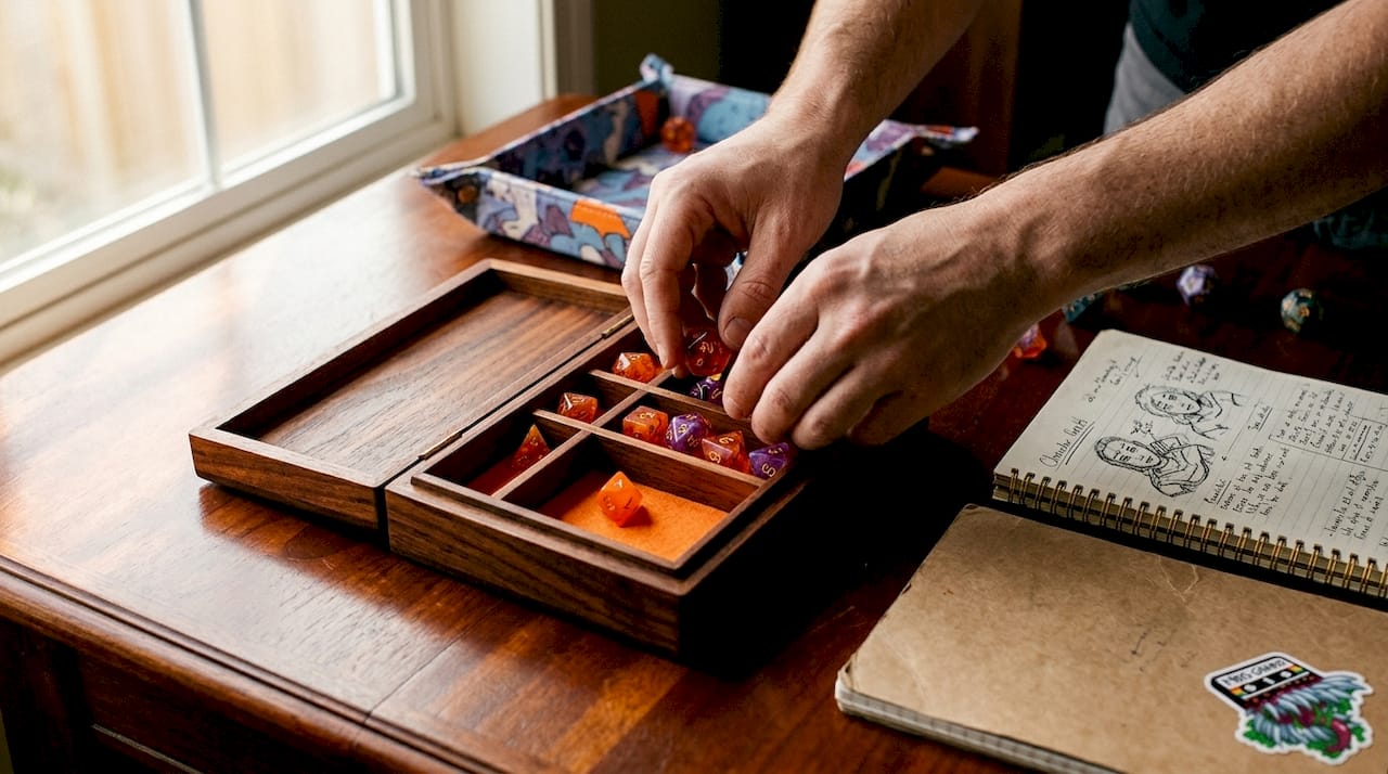 Hands storing dice in wooden dice vault