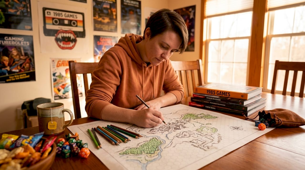 Dungeon Master drawing terrain map by hand
