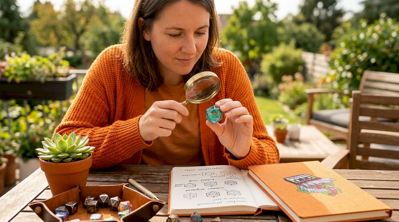 Person inspecting dice for flaws