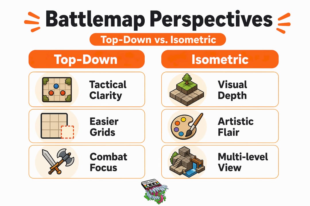 Infographic comparing top-down and isometric battlemap views