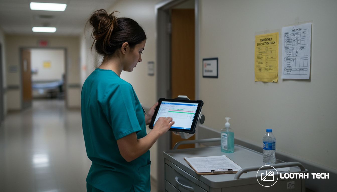 Nurse updating records on digital tablet