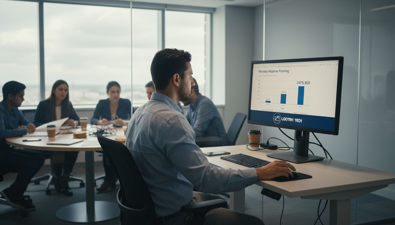 Analyst reviews Workday ROI report with coworkers